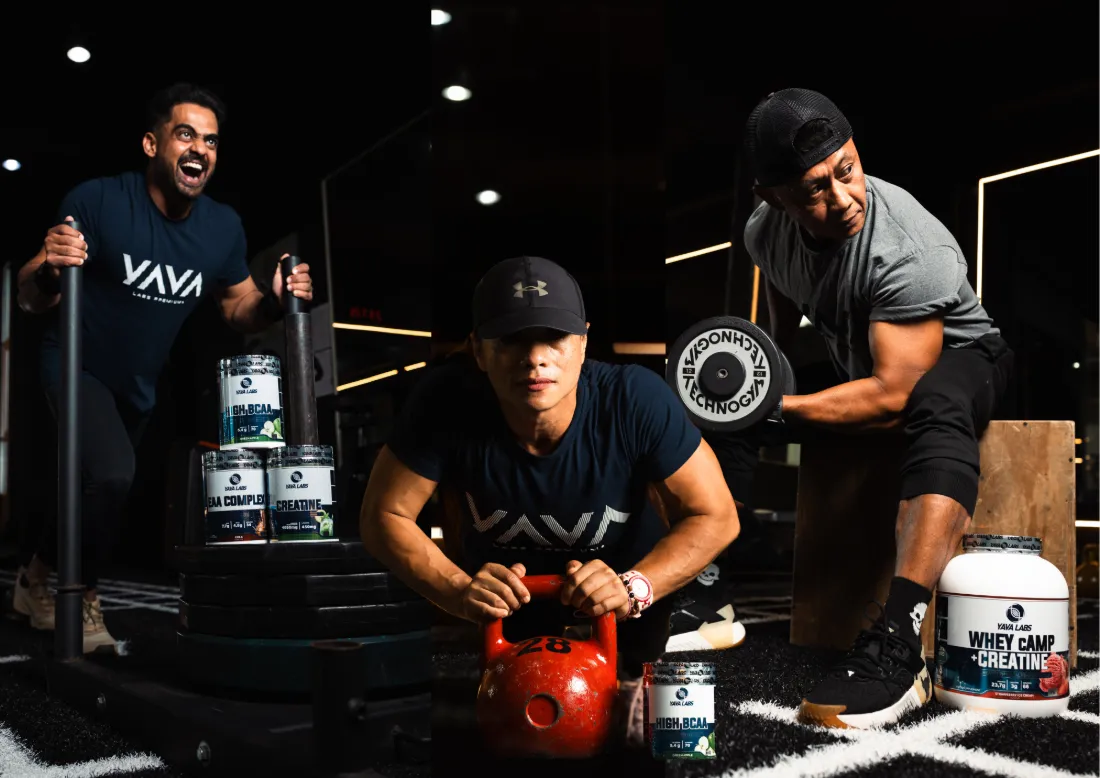A Titan Lab athlete training in a Brunei gym, with YAVA Labs supplements in shot